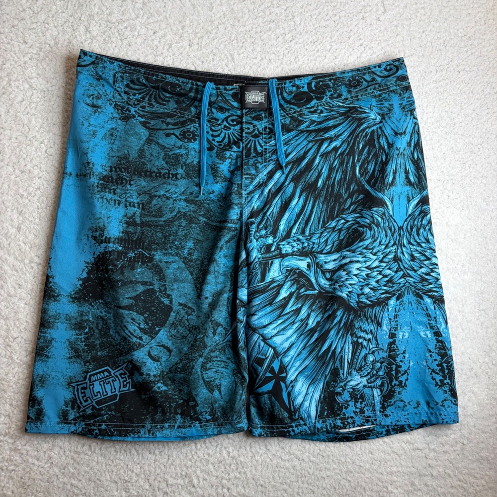 MMA Elite Board Shorts Mens XL Blue Black Eagle Graphic Y2K Paratrooper Trunks